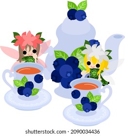 Illustration of cute flower fairies and blueberry tea set