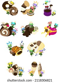 Illustration of cute flower fairies and chocolate sweets such as donuts and s'more and chocolate date fondue and roll cake and crepe