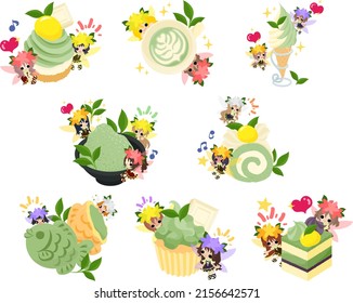 Illustration of cute flower fairies and Matcha sweets such as Mont Blanc and matcha latte and soft serve ice cream and roll cake and taiyaki and cupcake and square cake