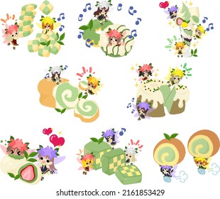 Illustration of cute flower fairies and Matcha sweets such as cookie and donut and parfait and bread and chiffon cake and daifuku and roll cake