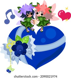 Illustration of cute flower fairies and a present of hearts decorated with blueberries