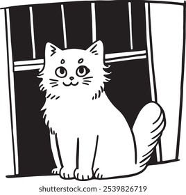 Illustration of a cute, fluffy cat sitting contentedly on a window sill. The black and white style captures the whimsical and playful nature of the feline.