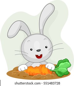 Illustration of a Cute and Fluffy Little Rabbit Practicing Attentive Eating on a Piece of Carrot