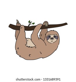 illustration of a cute fluffy sloth animal hanging on a branch drawn in Doodle style by hand