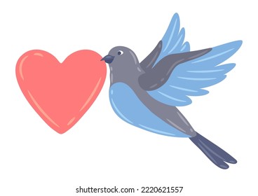 Illustration of cute flying bird and holding heart. Image of birdie in simple style.