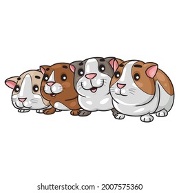 Illustration of cute four cartoon guinea pigs lined up.