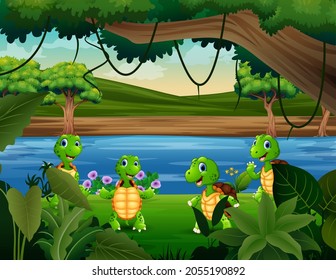 Illustration of cute four turtles playing by the river