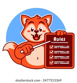 Illustration of Cute Fox Cartoon Character Holding Checklist and Rules