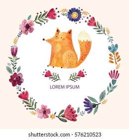 illustration with cute fox and floral wreath