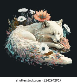 illustration cute Fox and flowers dark background