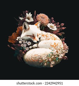 illustration cute Fox with flowers on a dark background