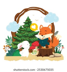 Illustration of a cute fox reading a book and a cute bunny in the forest