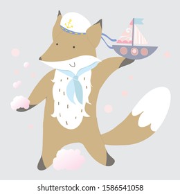 Illustration of cute fox sailor. Cartoon. Vector graphics. Hand drawn.