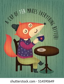 Illustration of a cute fox sitting on a cafe chair
and drinking a cup of tea or coffee
