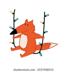 An illustration of a cute fox swinging on a Christmas garland. Fun forest animal. New year celebration.