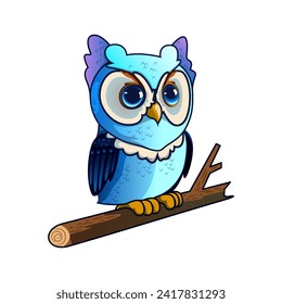 illustration of a cute, friendly, and charming owl character perched on a tree branch.

