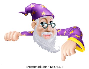 An illustration of a cute friendly old wizard character above a sign or banner pointing down at it