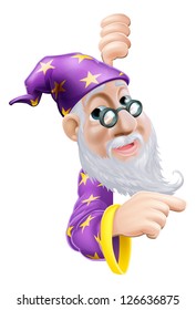 An illustration of a cute friendly old wizard character behind a sign or banner pointing a finger at it