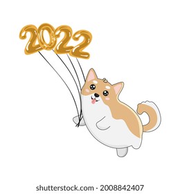 Illustration of cute friendly shiba inu puppy with golden balloons 2022 isolated on white background. Illustration for posters, greeting cards and seasonal design.