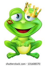 An illustration of a cute frog cartoon character wearing a gold crown with a red lipstick mark on his lips form a kiss