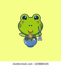 Illustration of cute frog cartoon mascot eating ramen noodles while standing