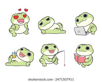 Illustration of a cute frog celebrating doing something he loves.