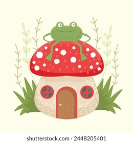 Ilustración con una rana linda y su casa. Ilustración vectorial