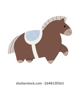 Uma ilustração de um cavalo bonito e divertido com uma sela azul.
