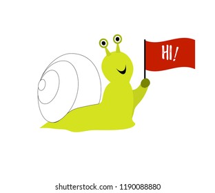 Illustration of cute fun snail with flag. Flat design. Isolated. Cartoon icon. As print, label, element of logo, greeting card, button, message