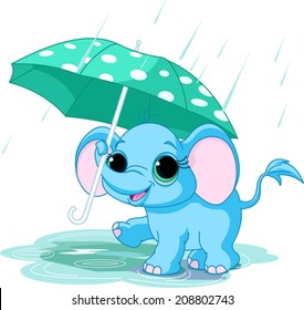 Illustration of cute funny baby elephant under umbrella 