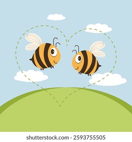 Illustration, cute funny bees in a dotted heart on the background of a summer landscape. Happy concept, childrens print, colorful background