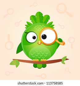 illustration of a cute and funny bird looking through a magnifying glass