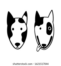 Illustration of a cute funny  a bull terrier dog face in the doodle style black on a white background isolated for use as a sign, logo, print, decoration of products and accessories for dogs