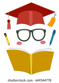 Illustration of Cute Funny Face Graduate Elements consisting of a Graduation Cap, Eyeglasses, Opened Book, Pencil and Pen