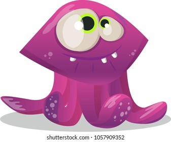 illustration of a cute funny little purple monster dreamer