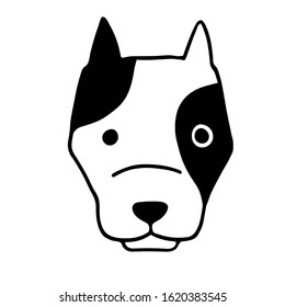 Illustration of a cute funny a pit bull dog face in the doodle style black on a white background isolated for use as a sign, logo, print, decoration of products and accessories for dogs