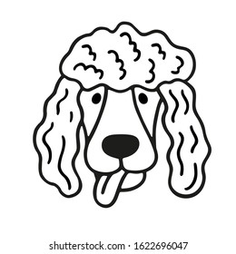 Illustration of a cute funny a poodle dog face in the doodle style black on a white background isolated for use as a sign, logo, print, decoration of products and accessories for dogs