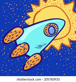 illustration of cute funny rocket in a space on background with sun