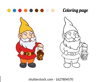 Illustration of cute garden gnome. Coloring page or book for baby