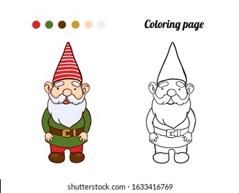 Illustration of cute garden gnome. Coloring page or book for baby