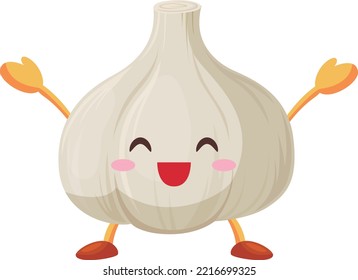 Illustration of a cute garlic character happy with both hands up