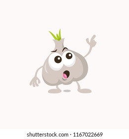 Illustration of cute garlic staring mascot isolated on light background. Flat design style for your mascot branding.