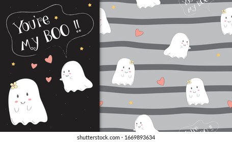 Ilustración del bonito fantasma en el fondo negro y el patrón de bebé en el estilo de las puntas