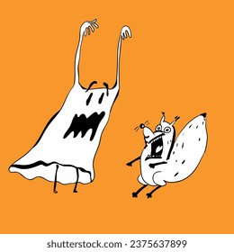 Illustration of cute ghost and funny squirrel