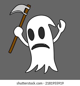 An illustration of a cute ghost holding an ax