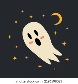 illustration of a cute ghost on the background of the starry sky, halloween, autumn vector illustration, magic and supernatural