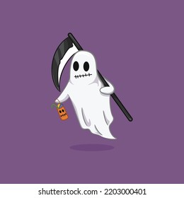 Illustration of cute ghost on halloween carrying a scythe with cartoon icon style