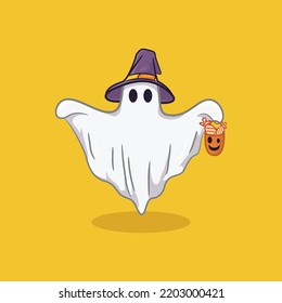 Illustration of cute ghost on halloween hat with cartoon icon style