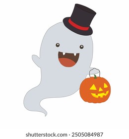 Illustration of a cute ghost wearing a top hat, holding a carved pumpkin. Perfect for Halloween decorations and festive greetings.