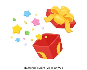 Illustration of a cute gift box with contents popping out of it_Yellow ribbon and red box